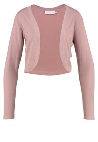 Cardigan court rose clair avec des manches longues et un devant arrondi ouvert, fabriqué en tissu tricot léger et doux.