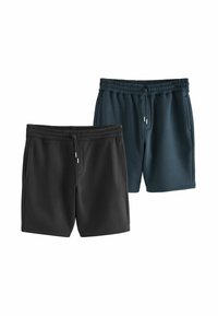 Dos pares de pantalones cortos deportivos, uno negro y otro azul oscuro, ambos hechos de una tela suave con una cintura elástica y cordón ajustable.