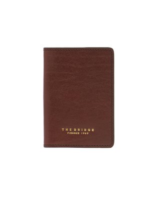 Portefeuille en cuir marron avec coins arrondis et "THE BRIDGE FIRENZE 1969" embossé en or sur le devant, centré sur fond blanc.