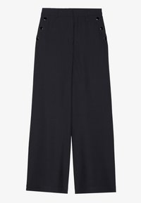 Wide-leg trousers in dark navy fabric, featuring a smooth texture, front pleats, and decorative gold-tone eyelets on the side pockets.