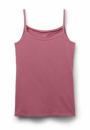 Hellrosa Camisole mit verstellbaren Spaghettiträgern, einem abgerundeten Ausschnitt und glattem Baumwollstoff. Keine sichtbaren Muster oder Verzierungen.