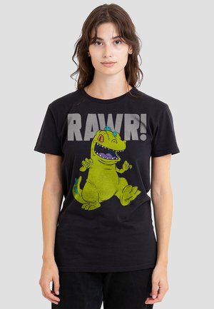 Schwarzes Baumwoll-T-Shirt mit einem cartoonhaften grünen Dinosaurier, der blaue Akzente hat, und dem Text "RAWR!" in großen grauen Buchstaben.
