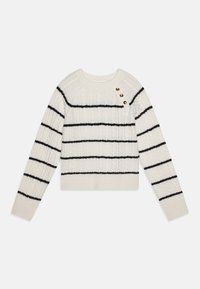 Suéter de punto en marfil con rayas negras. Presenta un patrón texturizado, cuello redondo, mangas largas y tres botones decorativos dorados en el hombro.