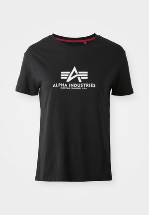 Black cotton t-shirt with a crew neckline and short sleeves. Features a prominent white logo with stylized letters and accent lines on the front.