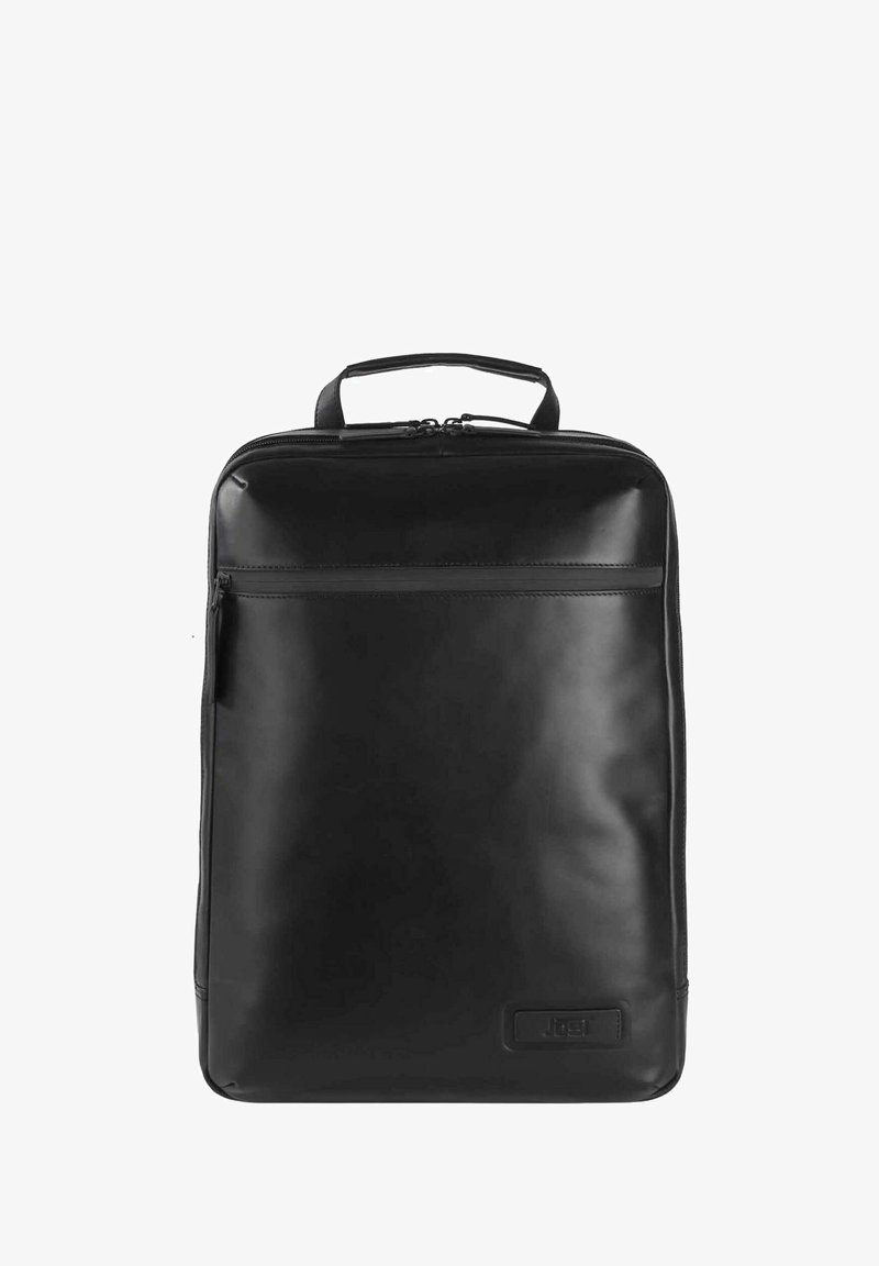 Black leather backpack with a smooth texture, rectangular shape, top handle, front zip pocket, and subtle logo detail at the bottom.