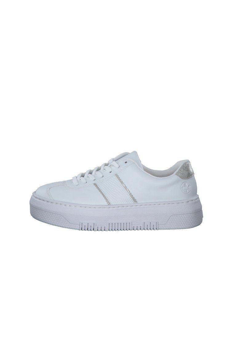 White sneaker with smooth synthetic material, round toe, flat laces, silver accents on the heel, and textured rubber sole with ridges.