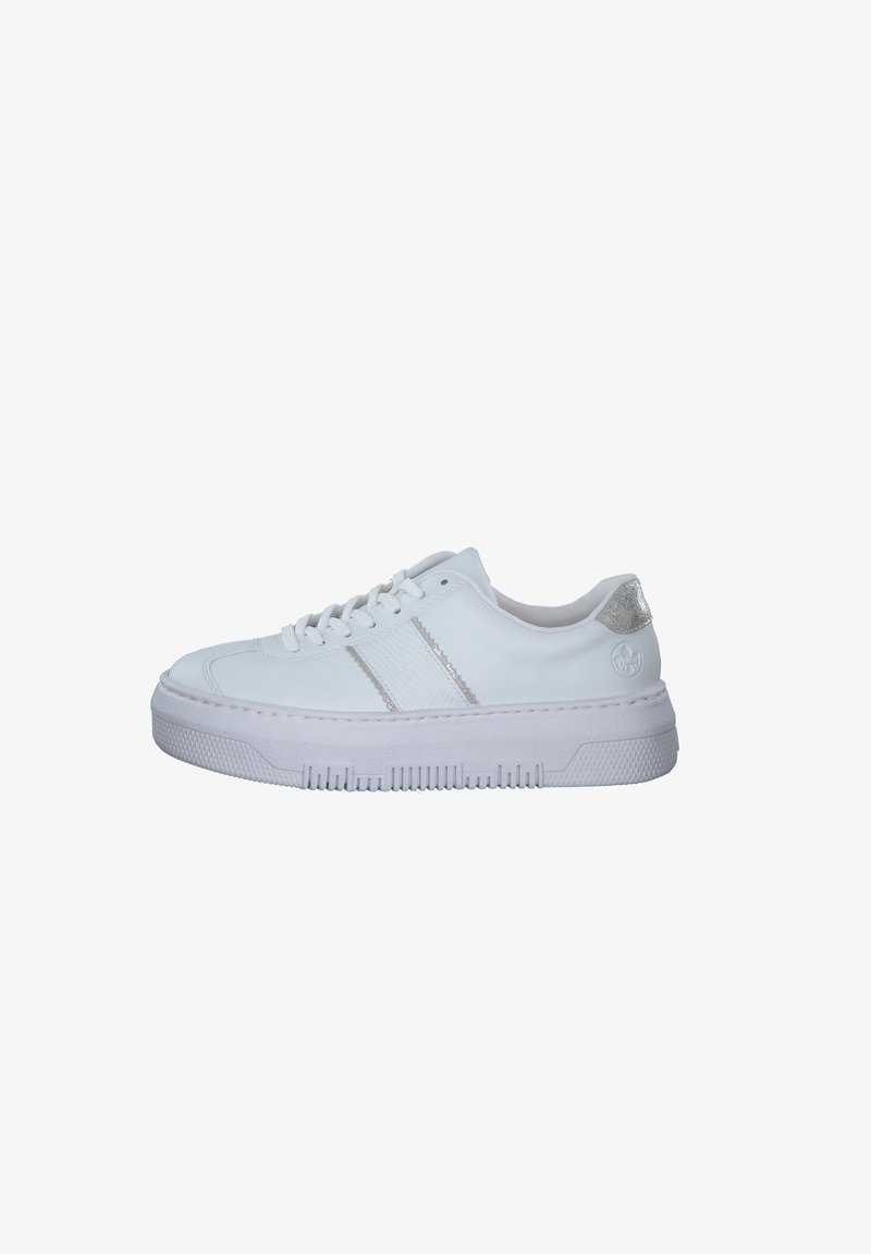 White sneaker with smooth synthetic material, round toe, flat laces, silver accents on the heel, and textured rubber sole with ridges.