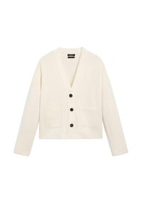 Cardigan di maglia crema con maniche lunghe, due tasche frontali, scollo a V profondo e tre bottoni neri al centro.