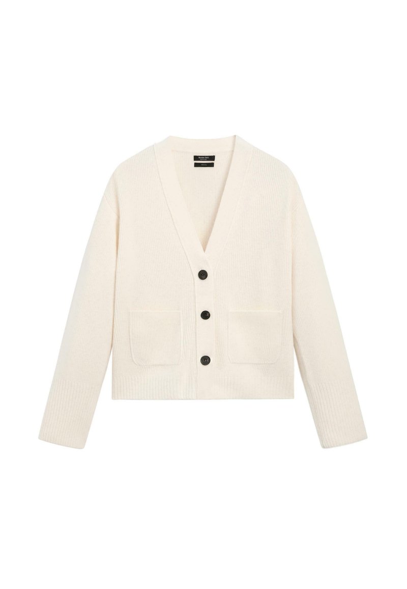 Cardigan di maglia crema con maniche lunghe, due tasche frontali, scollo a V profondo e tre bottoni neri al centro.