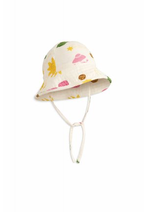 Cappello secchiello in cotone con lacci per il mento, decorato con motivo colorato di sole, foglie, stelle e un UFO rosa su sfondo bianco.