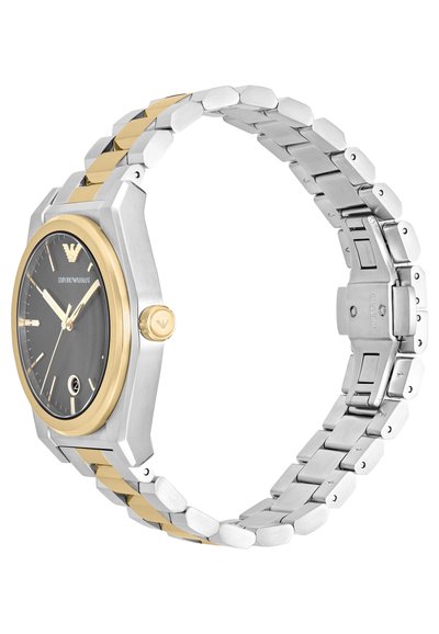 Silberne und goldfarbene Edelstahl-Uhr mit achteckigem Gehäuse, schwarzem Ziffernblatt, goldenen Akzenten und einem zweifarbigen Armband. Mit Datumsanzeige.