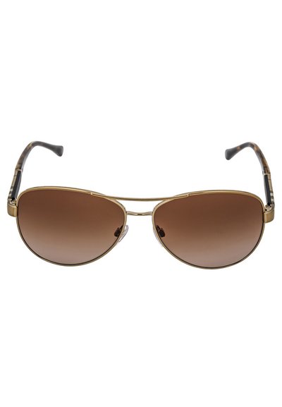 Gold metal frame sunglasses with brown gradient lenses. Tortoiseshell-patterned temple arms. Sleek aviator design with curved brow and nose pads.