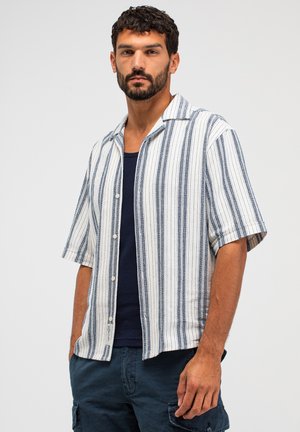 Man met donker krullend haar en baard, gekleed in een wit overhemd met korte mouwen en verticale blauwe strepen, en donkerblauwe cargobroek.