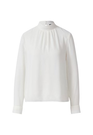 Biała bluzka z długim rękawem, z wysokim dekoltem, plisowanym kołnierzem i mankietami oraz małym otwarciem na froncie w kształcie klucza.