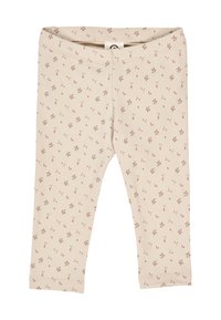 Leggings beige con delicato motivo floreale in rosa e marrone. Materiale in cotone morbido con vita elastica. Lunghezza alla caviglia e design aderente.