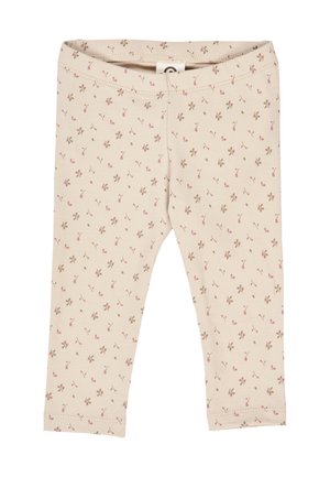 Beige legginsit, joissa on vaaleat kukkakuviot vaaleanpunaisena ja ruskeana. Pehmeä puuvillamateriaali ja joustava vyötärö. Nilkkapituinen ja kapea muotoilu.