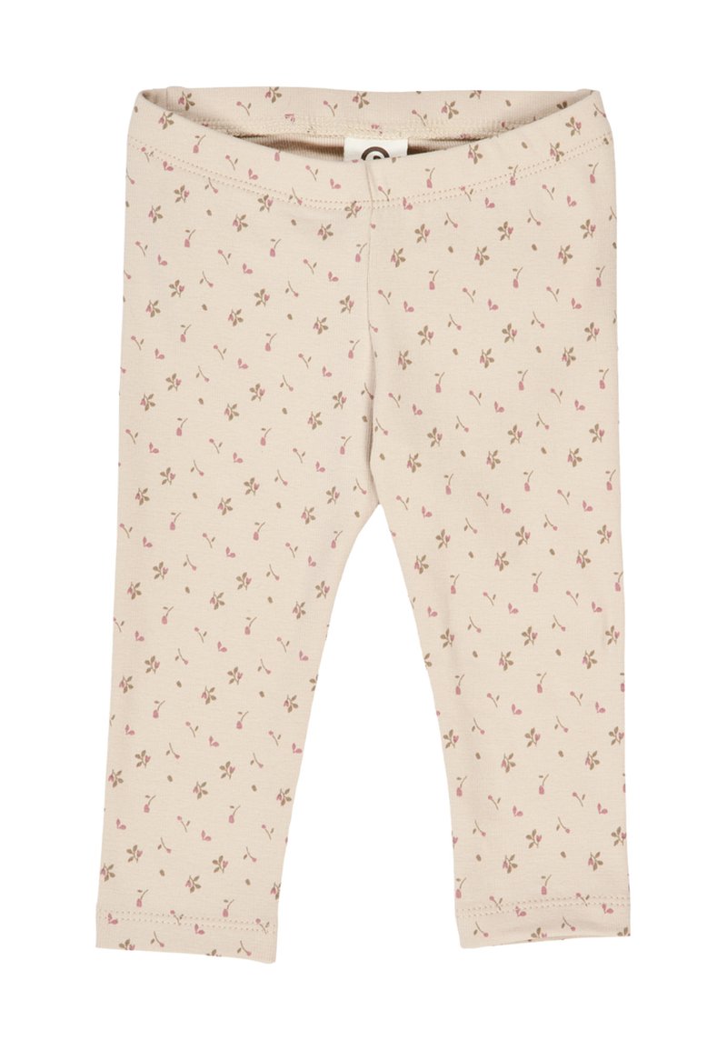 Leggings beige con delicato motivo floreale in rosa e marrone. Materiale in cotone morbido con vita elastica. Lunghezza alla caviglia e design aderente.