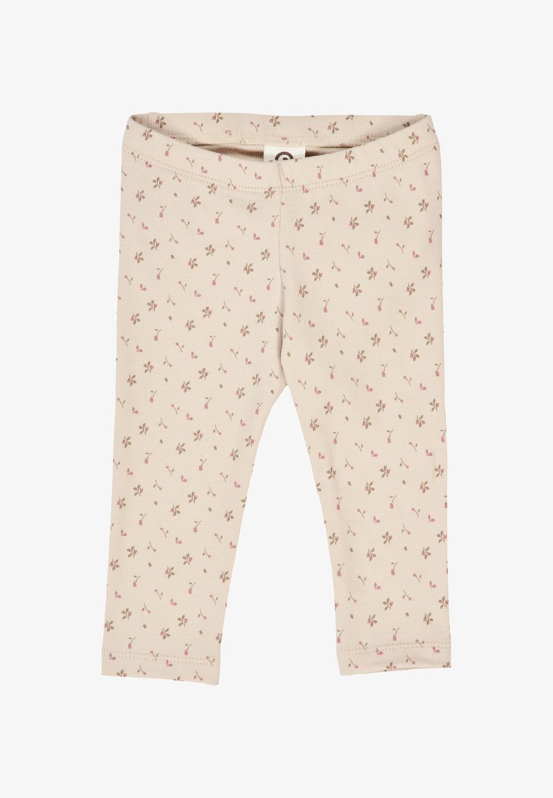 Beige legging with light floral pattern in pink and brown. Soft cotton material with an elastic waistband. Ankle-length and fitted design.