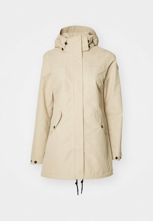 Veste imperméable beige avec capuche, dotée de boutons pression, de poches avant, d'un cordon de serrage ajustable au bas et d'une texture lisse.