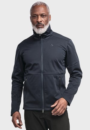 Dunkelblaue Softshelljacke mit Stehkragen, Reißverschluss und zwei frontalen Reißverschlusstaschen; zeichnet sich durch ein elegantes, tailliertes Design aus.
