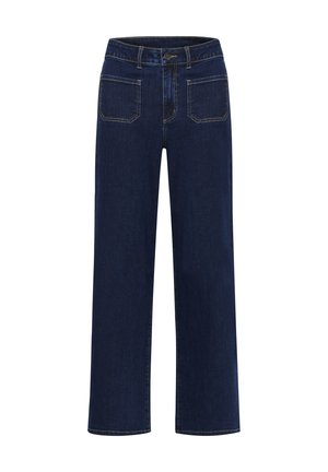 Blå denim jeans med et bredt ben-design, der har en knaplukning, fem lommer og kontrasterende gul syning.