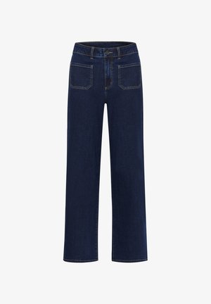Blauwe denim jeans met een brede pijpdesign, voorzien van een knoopsluiting, vijf zakken en contrasterende gele stiksels.