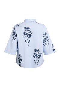 Camicia a righe blu e bianche con maniche corte, dotata di stampe floreali scure sulla parte posteriore, colletto e vestibilità rilassata.