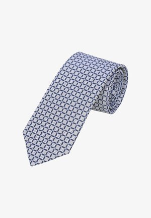 Marineblau-weiß gemusterte Krawatte mit einem geometrischen Design aus kleinen Quadraten und Kreisen, aus glattem Stoff, aufgerollt zur Präsentation.