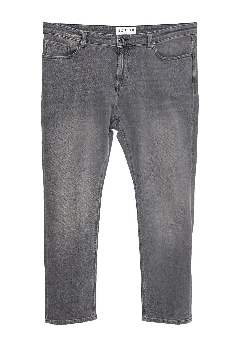 Graue Denim-Jeans mit geradem Schnitt, fünf Taschen und Knopfverschluss. Weiche Textur mit dezenten Verwaschungen und Nähdetails. Markenlabel am Bund.