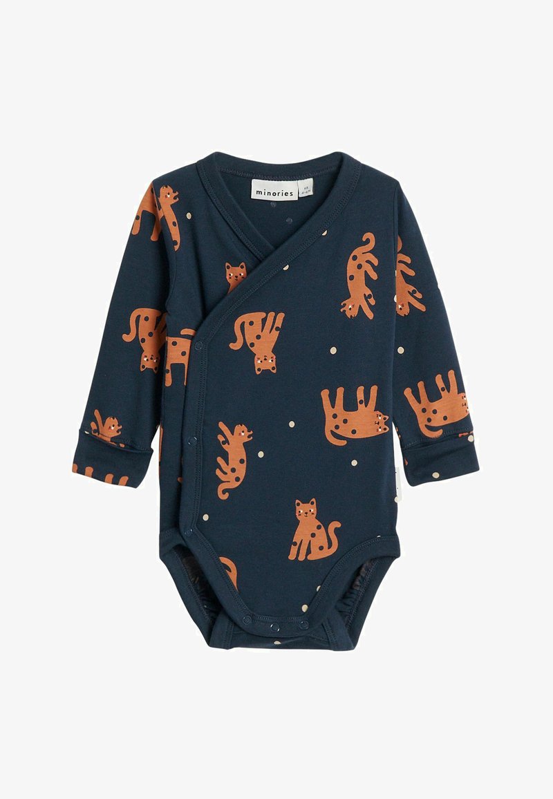 Navyblauwe babyromper met lange mouwen, bedrukt met bruine gevlekte katten en drukknoopsluiting aan de voorkant en onderkant.