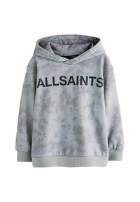 Šedá mikina s tie-dye vzorem a širokým výstřihem. Obsahuje velké černé logo "ALLSAINTS" a žebrované manžety a lem. Měkká, texturovaná látka.