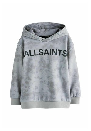 Grau gefärbter Hoodie mit weiter Ausschnittöffnung. Enthält ein großes schwarzes "ALLSAINTS"-Logo sowie gerippte Manschetten und Saum. Weicher, strukturierter Stoff.