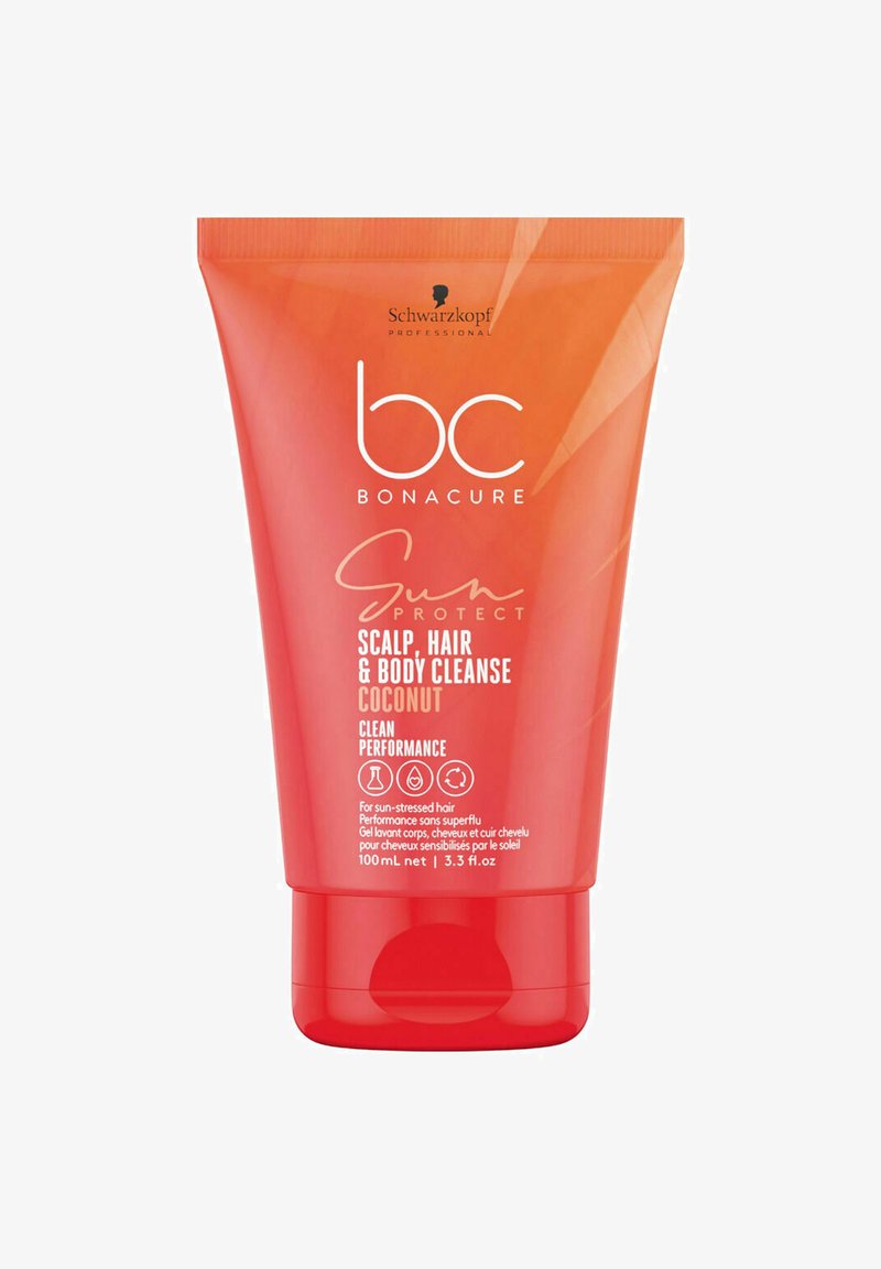 Roter Kunststoffbehälter von Schwarzkopf Bonacure Sun Protect Scalp, Hair & Body Cleanse. Mit weißem Text, Klappdeckel und Hinweis auf Kokosnussduft.