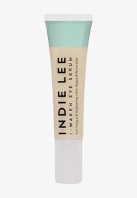 Flacone del siero per occhi Indie Lee I-Waken con corpo giallo pallido, tappo teal e cappuccio bianco etichettato come anti-fatica e illuminante.
