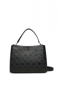 Sort syntetisk håndtaske med præget mønster og logo. Har en struktureret form, en top-spir og en aftagelig skulderrem.