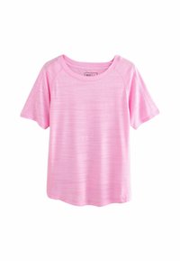 Roze T-shirt met korte mouwen en een ronde hals, gemaakt van een textuurstof die ademend is. Kenmerkt zich door subtiele horizontale strepen.