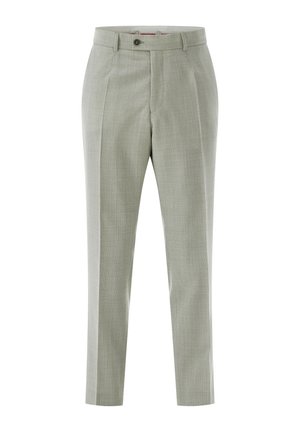 Hellgraue maßgeschneiderte Herrenhose mit vorderen Falten, Gürtelschlaufen, Knopfverschluss und schmalem Schnitt.