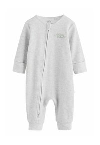 Gray ribbed onesie with long sleeves, front zipper, and cuffed ankles. Features embroidered text "EVERYDAY" near the neck. Soft cotton texture.