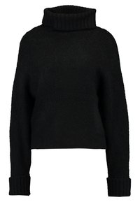 Černý krátký svetr s žebrovaným rolákem a širokými, žebrovanými manžetami. Vyrobený z měkké, texturované látky. Volný střih a minimalistický design.