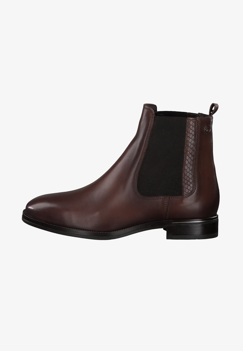 Bottes basses en cuir marron avec panneaux latéraux élastiques, détails texturés et finition lisse, dotées d'un petit talon empilé.