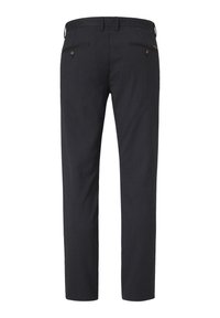 Dunkelblaues, strukturiertes Gewebe mit taillierter Passform, zwei Gesäßtaschen mit Knöpfen und klassischem Bunddesign.