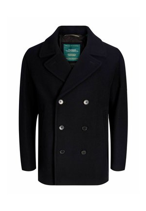 Dubbelzijdige zwarte jas van een wolmix. Beschikt over grote ingesneden revers, twee rijen knopen en een gewatteerde binnenvoering.