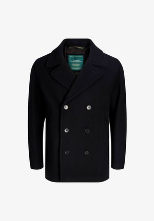 Dubbelzijdige zwarte jas van een wolmix. Beschikt over grote ingesneden revers, twee rijen knopen en een gewatteerde binnenvoering.