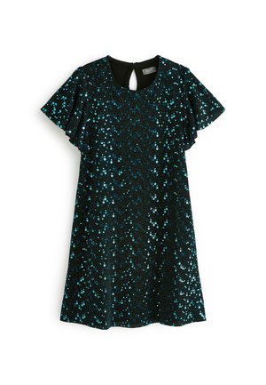 Robe noire à manches courtes volantées, ornée de sequins turquoise formant un motif scintillant. Détail de l'encolure dos avec une ouverture en forme de goutte.