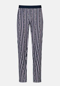 Marineblauwe broek met elastische tailleband, verticale strepen en herhaalde grafische versieringen. De stof heeft een gladde textuur.