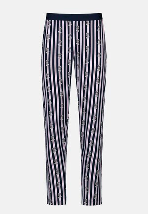 Pantaloni con elastico in vita blu navy a righe verticali e decorazioni grafiche ripetute. Il tessuto ha una texture liscia.