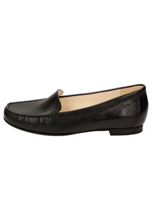 Schwarze Lederloafers mit einer glatten Oberfläche, abgerundetem Zehenbereich, genähten Akzenten und minimalistischen Design. Sie verfügen über ein niedriges Profil und flache Sohle.