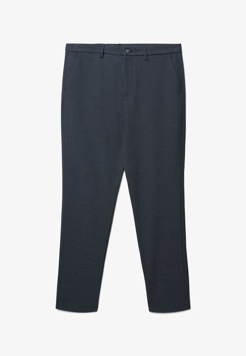 Pantaloni grigi scuri con un sottile motivo a scacchi, dotati di una parte frontale piatta, due tasche laterali e una chiusura con bottone. Design a vestibilità slim.