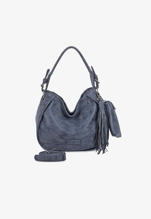 Bolso de ante azul con correa de un solo hombro, correa larga desmontable, borla lateral y pequeño monedero adjunto.
