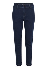 Jean en denim bleu foncé avec une coupe ajustée, doté d'une fermeture avant à boutons, d'une braguette zippée et d'un style classique à cinq poches.